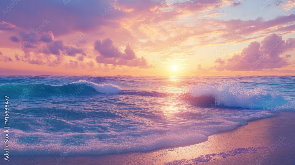Tranquil beach at sunrise, with soft waves and a vibrant, calming sky filled with gentle hues Tranquil beach at sunrise, with soft waves and a vibrant, calming sky filled with gentle hues