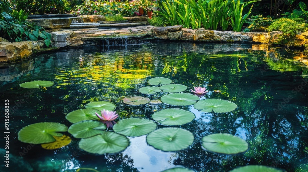 Tranquil garden pond with serene lily pads floating gently on calm, reflective water Tranquil garden pond with serene lily pads floating gently on calm, reflective water