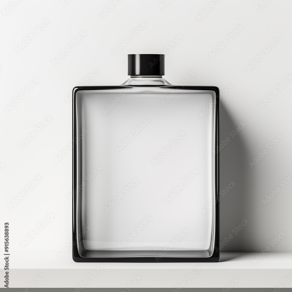 Glass Bottle with Black Cap on White Shelf. Glass Bottle with Black Cap on White Shelf.