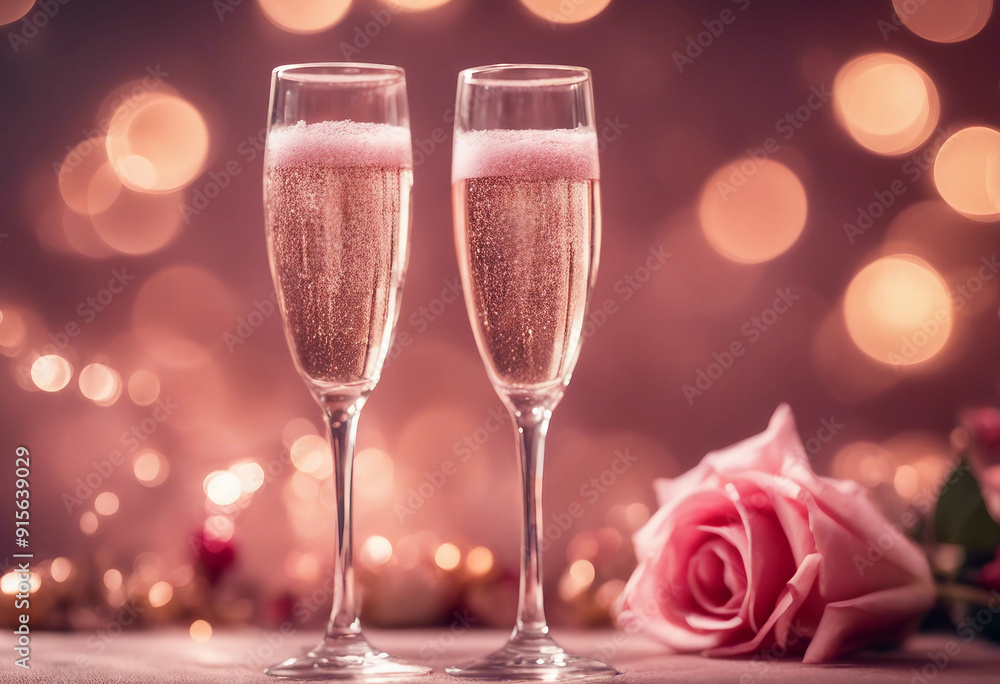 Pink rose champagne glasses close up bokeh lights background New year Valentines day celebration toa Pink rose champagne glasses close up bokeh lights background New year Valentines day celebration toa