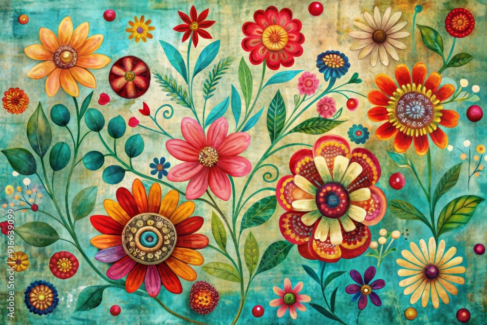 Whimsical abstract hand-drawn flower pattern in vibrant acrylic paint, featuring blooming florals on a distressed vintage-inspired nature background, perfect for spring decor. Whimsical abstract hand-drawn flower pattern in vibrant acrylic paint, featuring blooming florals on a distressed vintage-inspired nature background, perfect for spring decor.