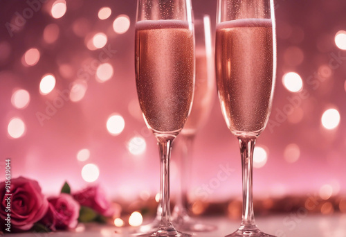 Pink rose champagne glasses close up bokeh lights background New year Valentines day celebration toa photo