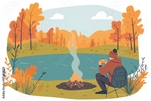 Serene Camping: Senior Camper Enjoying Tea by the Pond in Autumn