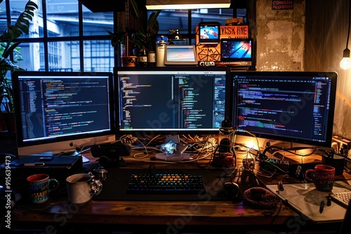 A programmers desk with multiple monitors displaying code, surrounded by coffee cups and tech gadgets photo