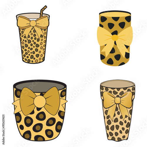 a leopard-print tumbler with a golden bow is depicted