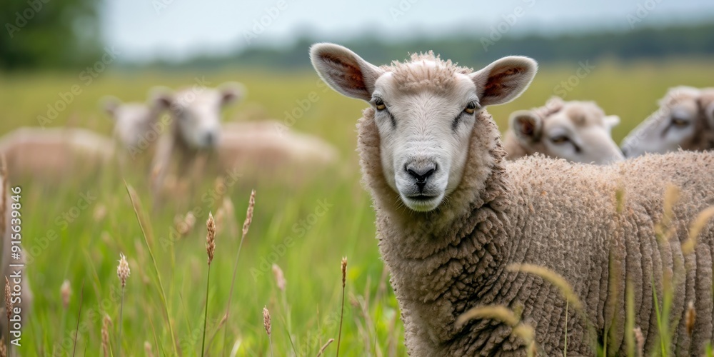 Sheep in grassy field with flock in background. Rural livestock and agriculture concept. Image for farming, wool industry, and sustainable agriculture campaigns. Sheep in grassy field with flock in background. Rural livestock and agriculture concept. Image for farming, wool industry, and sustainable agriculture campaigns.