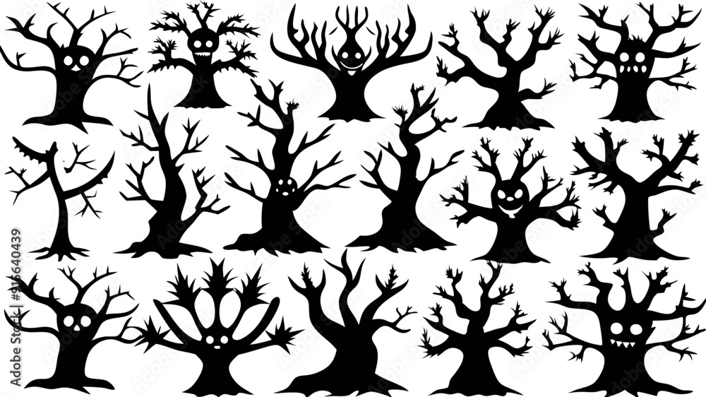 Set of silhouettes of Halloween Spooky Trees
