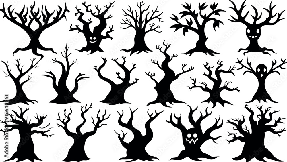Set of silhouettes of Halloween Spooky Trees Set of silhouettes of Halloween Spooky Trees