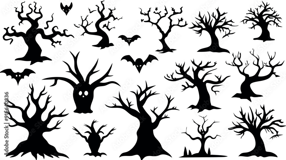 Set of silhouettes of Halloween Spooky Trees Set of silhouettes of Halloween Spooky Trees