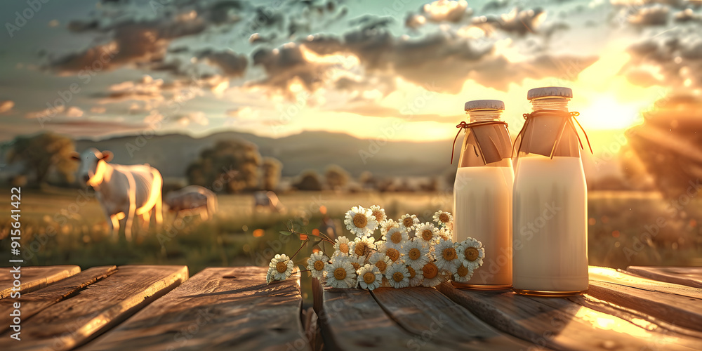 Fototapeta premium A glass bottle of fresh milk placed on a wooden table with cows and goats grazing in a serene farm landscape during a bright, sunny day