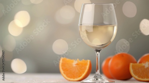 A Glass of White Wine With Fresh Oranges Against a Soft, Blurry Background