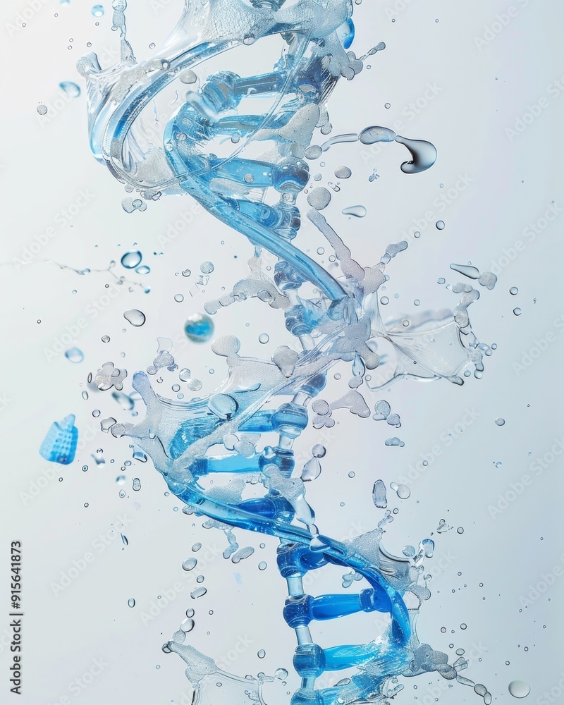 Fototapeta premium Floating DNA Double Helix with Blue Bubbles in Water on World Tourism Day - Futuristic Genetic Concept on White Background