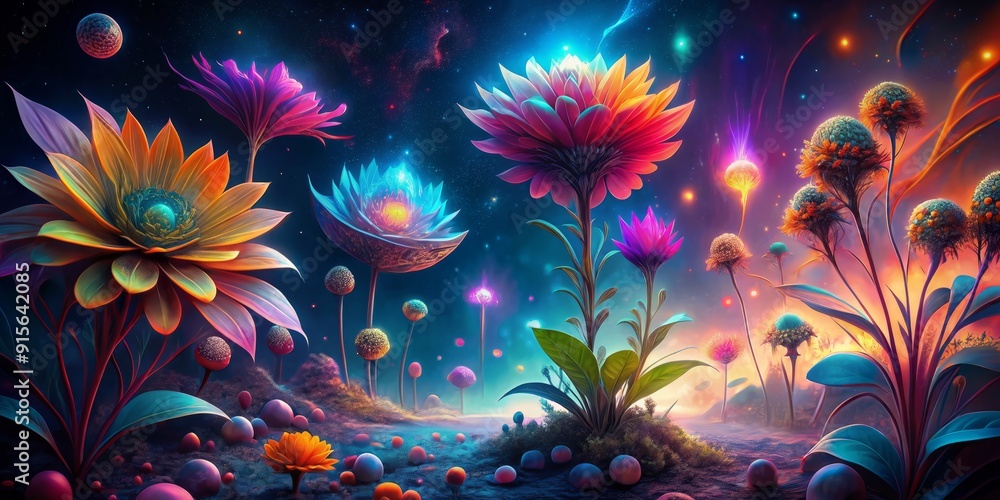 Vibrant neon flowers bloom in a fantasy cosmic landscape, set against a dark background, featuring mystical, abstract, and unreal beautiful plants in a surreal magic piece. Vibrant neon flowers bloom in a fantasy cosmic landscape, set against a dark background, featuring mystical, abstract, and unreal beautiful plants in a surreal magic piece.