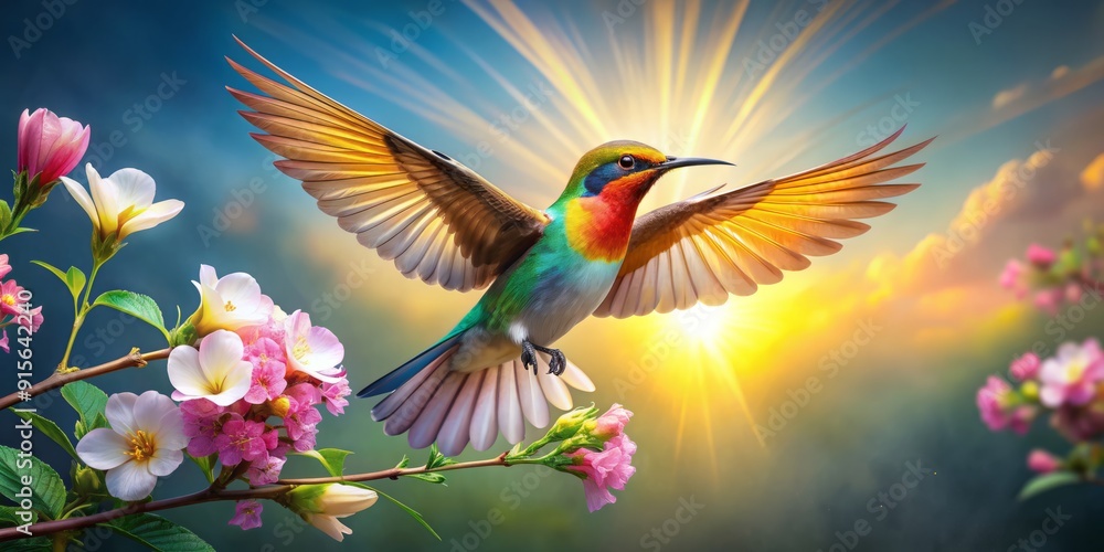 Obraz premium Delicate bird with vibrant plumage spreads colorful wings, prepares to land on a lush, exotic bloom with soft petals and golden anthers, against a bright sky.