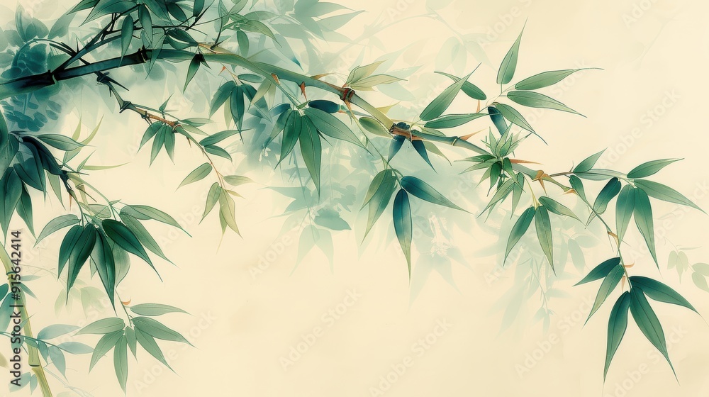 Soft minimal design of bamboo stems and leaves on a light cream background for a serene look. Soft minimal design of bamboo stems and leaves on a light cream background for a serene look.