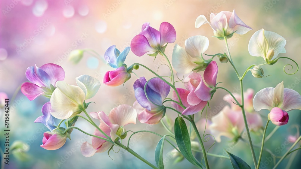 Delicate sweet pea flowers in soft pastel hues, intricately illustrated in watercolor style, with gentle, swirling patterns and subtle texture, perfect forSpring designs. Delicate sweet pea flowers in soft pastel hues, intricately illustrated in watercolor style, with gentle, swirling patterns and subtle texture, perfect forSpring designs.