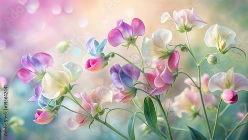 Delicate sweet pea flowers in soft pastel hues, intricately illustrated in watercolor style, with gentle, swirling patterns and subtle texture, perfect forSpring designs.