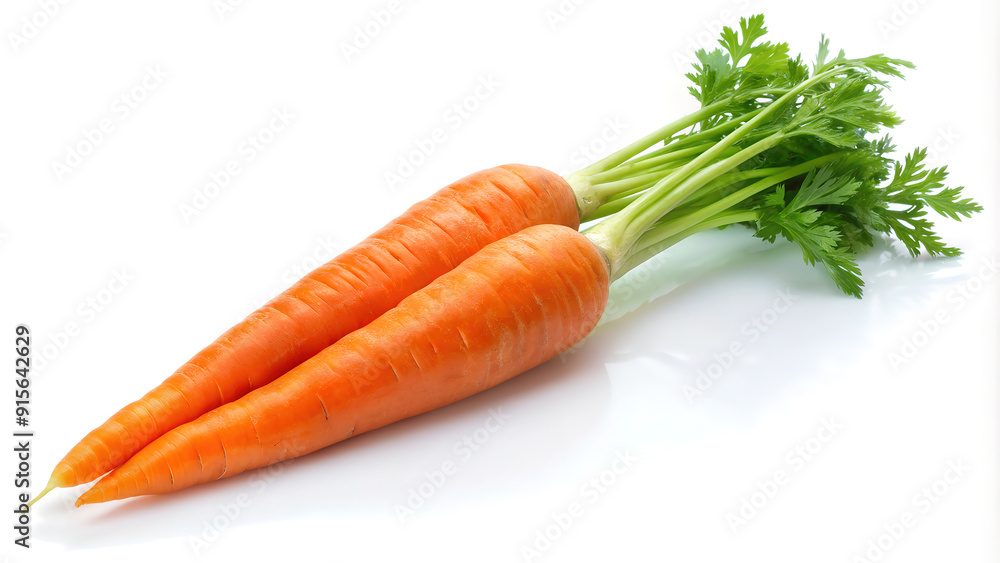 Two fresh whole carrots with leafy green tops on a white background, showcasing vibrant color and organic freshness. Two fresh whole carrots with leafy green tops on a white background, showcasing vibrant color and organic freshness.