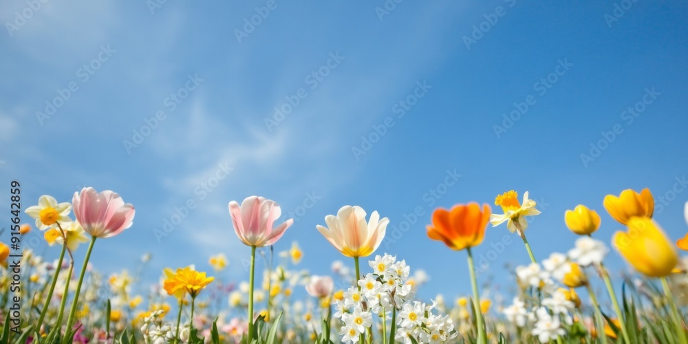 Vibrant Spring Flower Field in Midday Sun with Colorful Tulips, Daffodils, and Hyacinths Vibrant Spring Flower Field in Midday Sun with Colorful Tulips, Daffodils, and Hyacinths