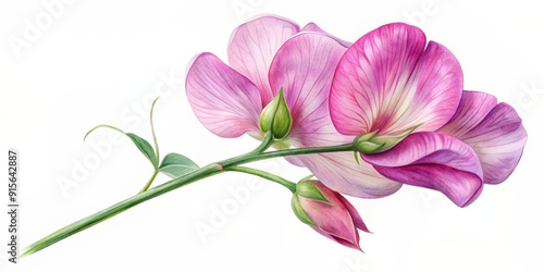Delicate pink sweet pea flower blooms on a purple stem, softly illustrated in watercolor style, isolated on a crisp white background, evoking gentle elegance.
