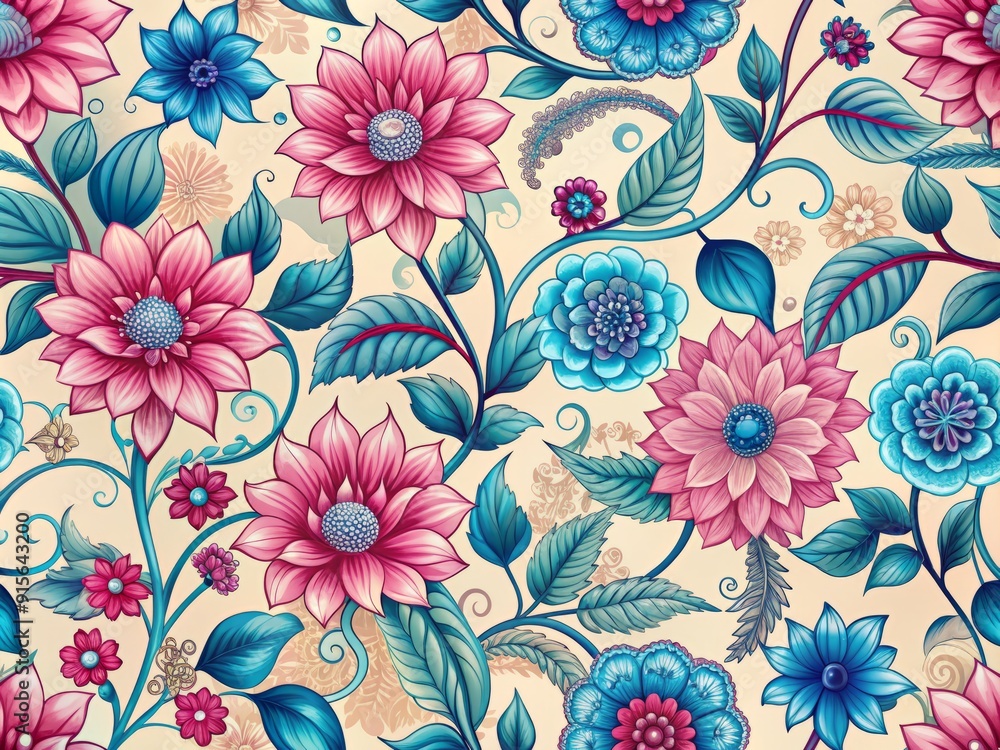 Vibrant pink and blue flowers bloom on a cream background, intertwined with intricate geometric shapes, creating a stunning, repeating batik-inspired seamless floral pattern design. Vibrant pink and blue flowers bloom on a cream background, intertwined with intricate geometric shapes, creating a stunning, repeating batik-inspired seamless floral pattern design.