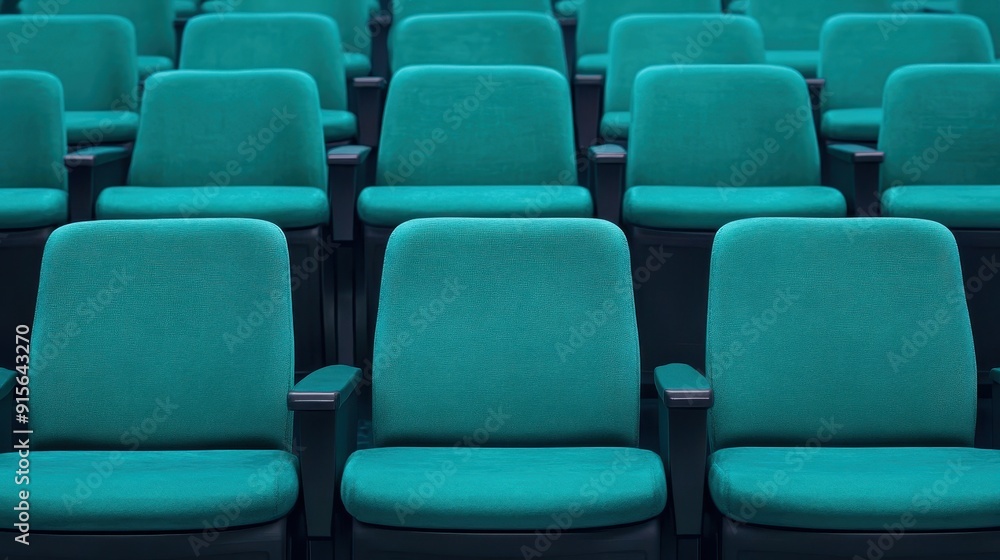 A row of vibrant teal theater seats arranged in a modern auditorium setting, ideal for showcasing contemporary interior design. A row of vibrant teal theater seats arranged in a modern auditorium setting, ideal for showcasing contemporary interior design.