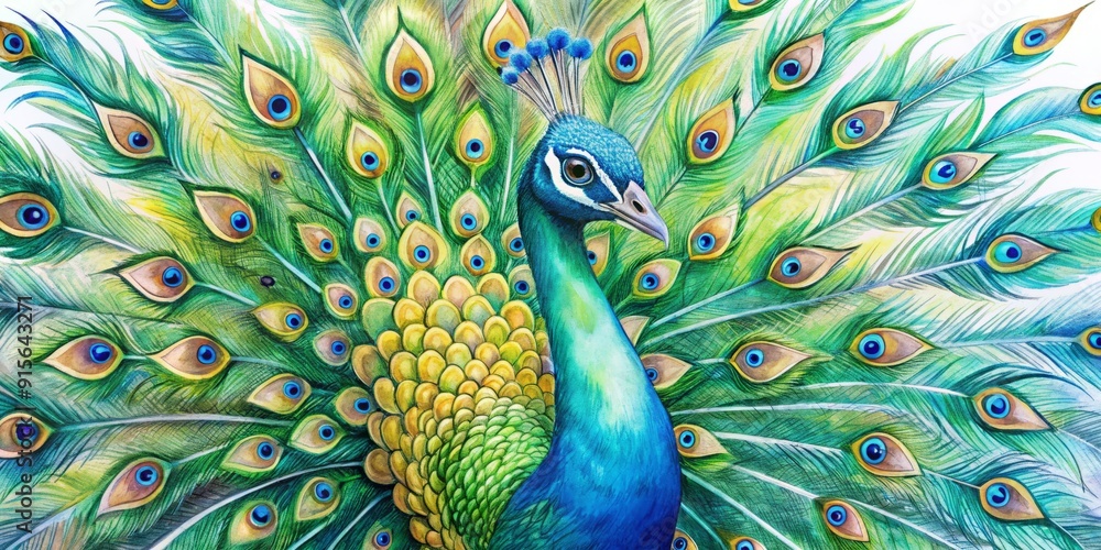 Fototapeta premium Vibrant blue and green feathers spread wide, ornate plumage and delicate eyes shine in stunning colorful peacock painting on white background.
