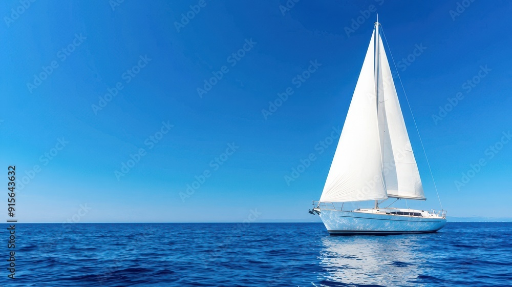 Obraz premium A serene scene of a white sailboat gliding across the calm blue ocean under a clear sky, perfect for summer adventures.