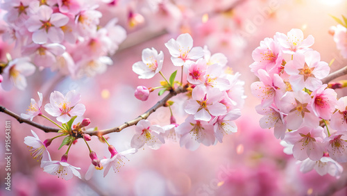 Close-up of beautiful pink cherry blossoms in full bloom with soft sunlight illuminating the delicate petals during spring.