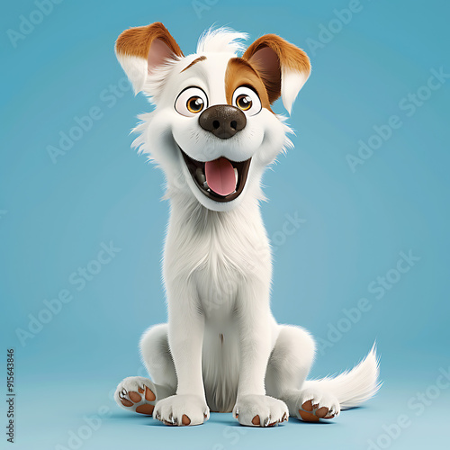 Youthful Dog Cartoon, Youthful dog with captivating eyes and a charming smile in a 3D cartoon style isolated on blue background sharp focus ISO 400 