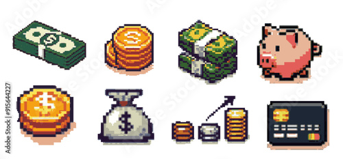 A set of isometric pixel-art elements illustrating the theme of money and finance. Images of coins and banknotes in cartoon style that are perfect for video game items.