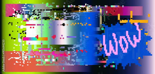 Retrofuturistic abstract background with pixelated glitches and ambient light leak effects.