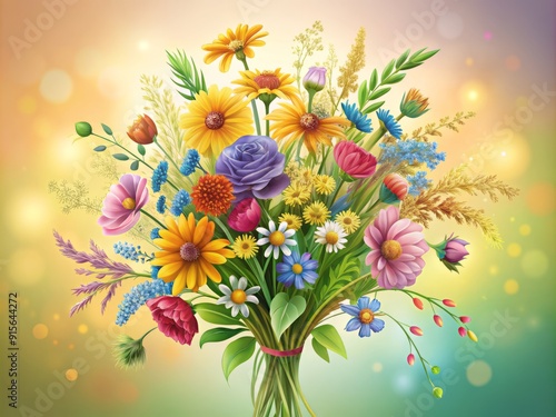 Vibrant hand-drawn wildflowers bouquet illustration set against soft gradient background in soft pastel hues, perfect for fabric, wallpaper, and packaging designs. photo