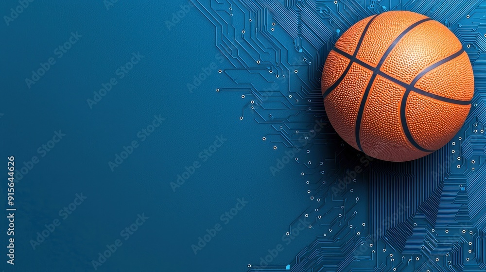 A vibrant basketball against a blue digital background, showcasing the fusion of sports and technology in a modern setting. A vibrant basketball against a blue digital background, showcasing the fusion of sports and technology in a modern setting.
