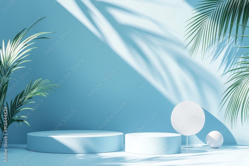 Modern Minimalist E-Commerce Banner with Palm Leaves and Geometric Shapes on Blue Background Modern Minimalist E-Commerce Banner with Palm Leaves and Geometric Shapes on Blue Background
