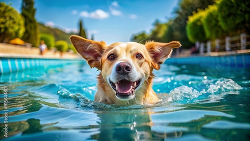 Adorable canine swims in a sunny public pool, tail wagging and ears flapping, fully enjoying a refreshing summer escape on a warm holiday afternoon. photo