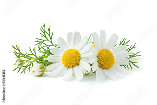 Chamomile flowers, buds and leaves bunch isolated on white background