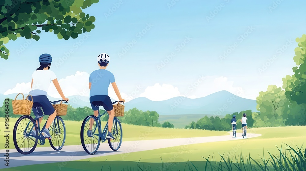 Obraz premium Two cyclists enjoy a scenic ride along a peaceful path, surrounded by lush greenery and distant mountains under a clear blue sky.