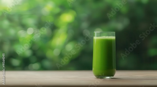 Refreshing green juice in a glass on a wooden table with a soft, blurred background of lush greenery.
