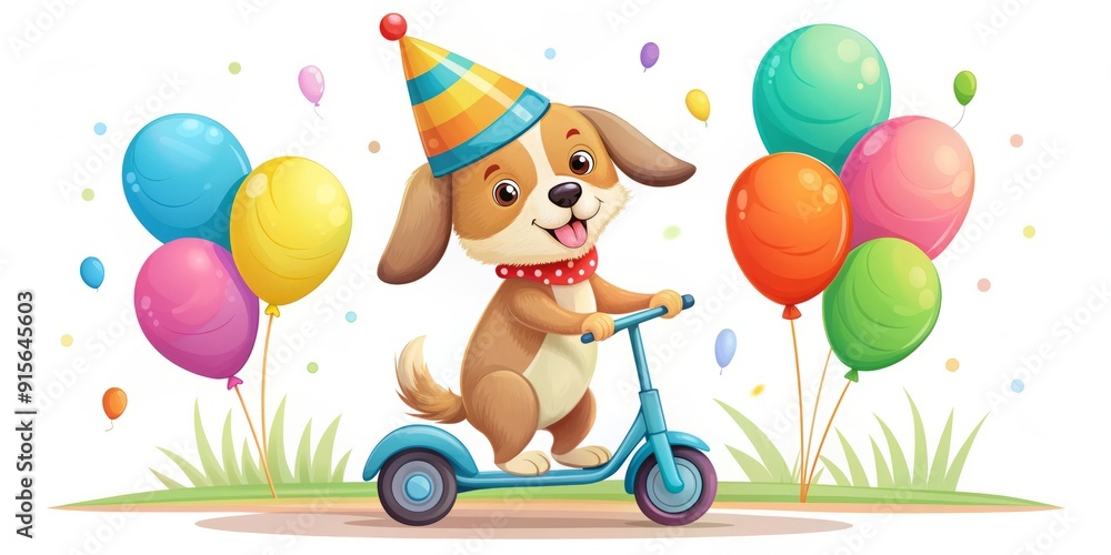 Naklejka premium Adorable cartoon puppy riding a colorful scooter, holding a party hat and balloons, conveying a sense of freedom, joy, and celebration in a whimsical illustration.