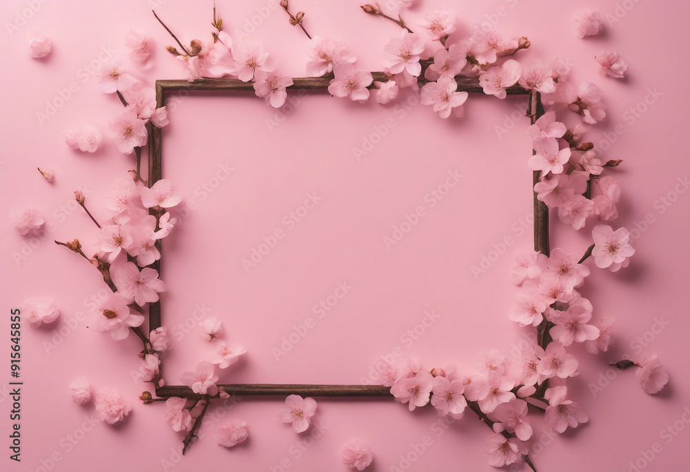 A frame with cherry blossom flowers on a clear light pink background A greeting circle card design f A frame with cherry blossom flowers on a clear light pink background A greeting circle card design f