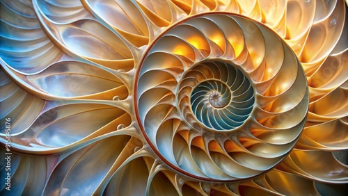 Intricate spiral patterns adorn the chambered interior of a nautilus shell, showcasing its natural beauty and mathematical precision in a mesmerizing close-up composition.