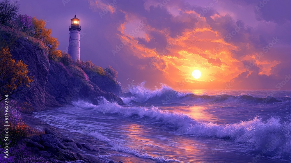 Serene coastal scene at dusk with lighthouse on rocky cliff, waves crashing, purple and orange sunset sky, warm glow Serene coastal scene at dusk with lighthouse on rocky cliff, waves crashing, purple and orange sunset sky, warm glow