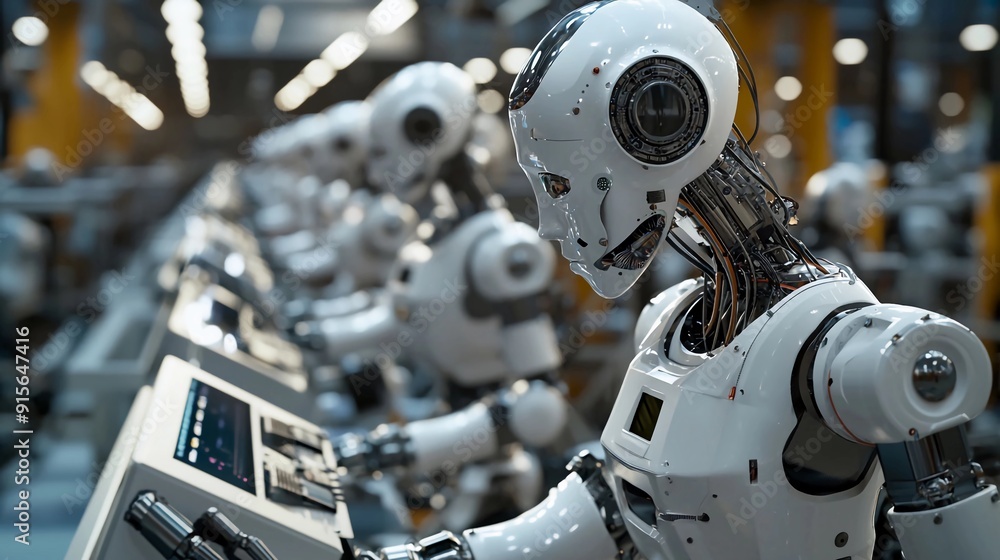White robots working on a production line with an interface screen in a modern factory. White robots working on a production line with an interface screen in a modern factory.