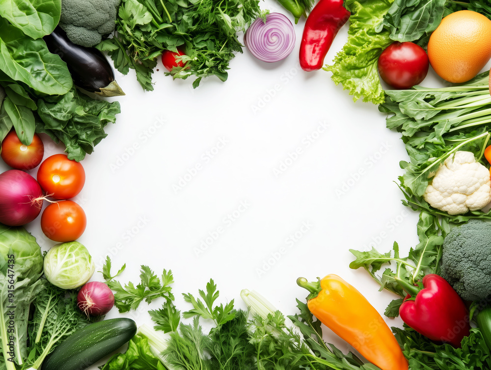 Food frame with assortment of fresh organic vegetables for balanced diet isolated on white background. Healthy food nutrition concept Food frame with assortment of fresh organic vegetables for balanced diet isolated on white background. Healthy food nutrition concept