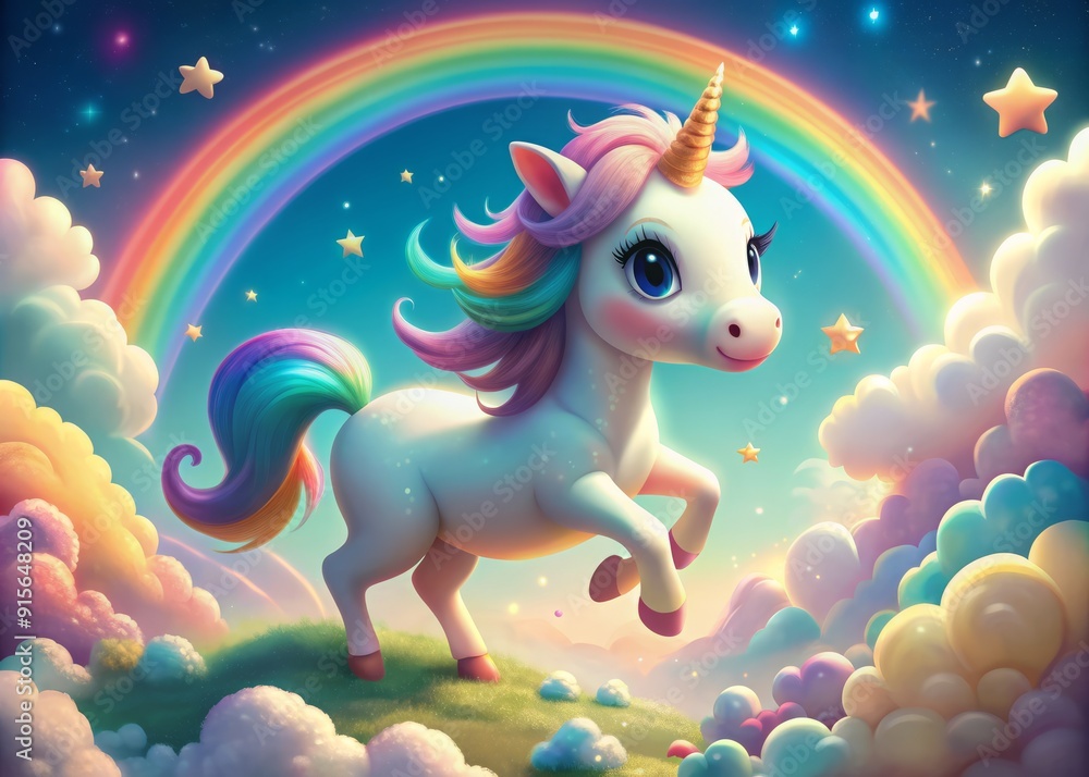 Whimsical 3D cartoon illustration of a adorable unicorn prancing on fluffy clouds surrounded by vibrant rainbow hues, perfect for kids' room decor and children's literature. Whimsical 3D cartoon illustration of a adorable unicorn prancing on fluffy clouds surrounded by vibrant rainbow hues, perfect for kids' room decor and children's literature.