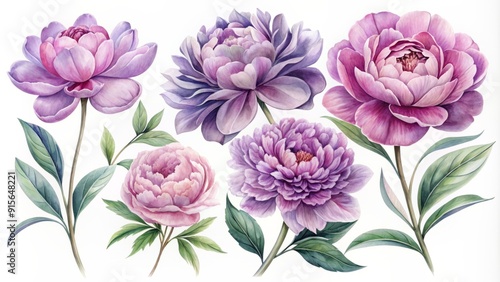 Fototapeta Naklejka Na Ścianę i Meble -  Delicate, hand-drawn peonies in soft purple, pink, and lavender hues, illustrated in watercolor style, gathered in a beautiful botanical collection on transparent background.