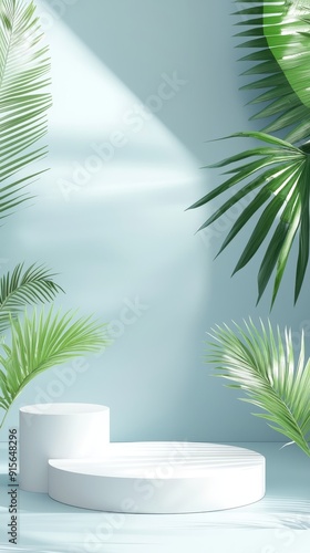 Modern Minimalist Product Display with Tranquil Blue Background, Palm Leaves, and Geometric Shapes for a Fresh and Airy Aesthetic