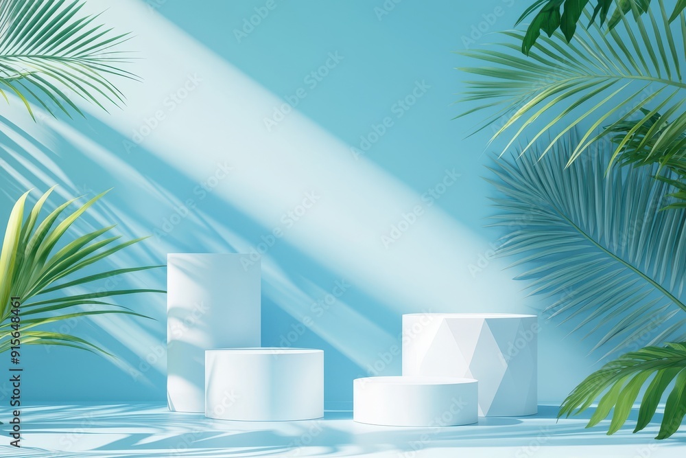 Modern Minimalist E-Commerce Banner with Palm Leaves, Podiums, and Geometric Shapes on Blue Background Modern Minimalist E-Commerce Banner with Palm Leaves, Podiums, and Geometric Shapes on Blue Background