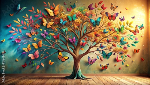 Vibrant 3D abstracted illustration of a fantastic butterfly tree with elegant, colorful leaves and hanging branches, ideal for interior mural or wallpaper background. photo